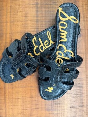 Sam Edelman Black Croc-Embossed Triple Strap Slide Sandals
